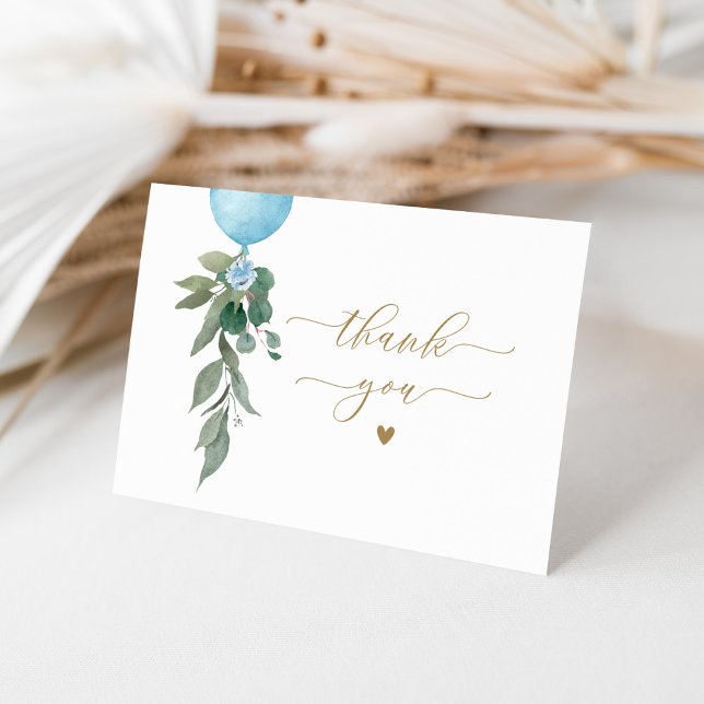 Tarjeta De Agradecimiento Oh Boy Blue Balloon Greenery Baby Shower (Subido por el creador)