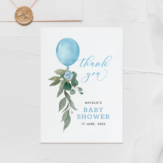 Tarjeta De Agradecimiento Oh Boy Blue Balloon Greenery Baby Shower (Subido por el creador)