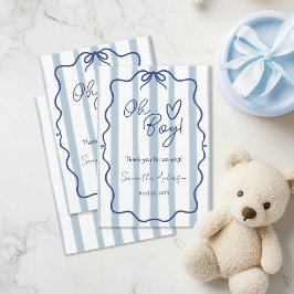 Tarjeta De Agradecimiento Oh Boy Cute Moderno Stripes Azules Baby Shower