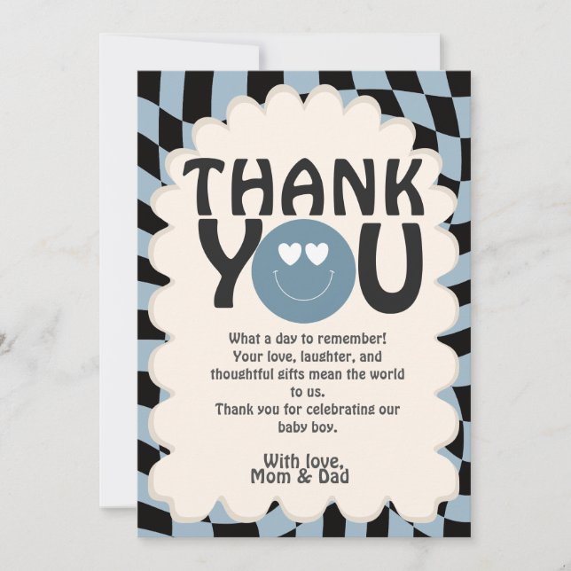Tarjeta De Agradecimiento Oh Boy! Modern Groovy Blue Happy Face Baby Shower (Anverso)