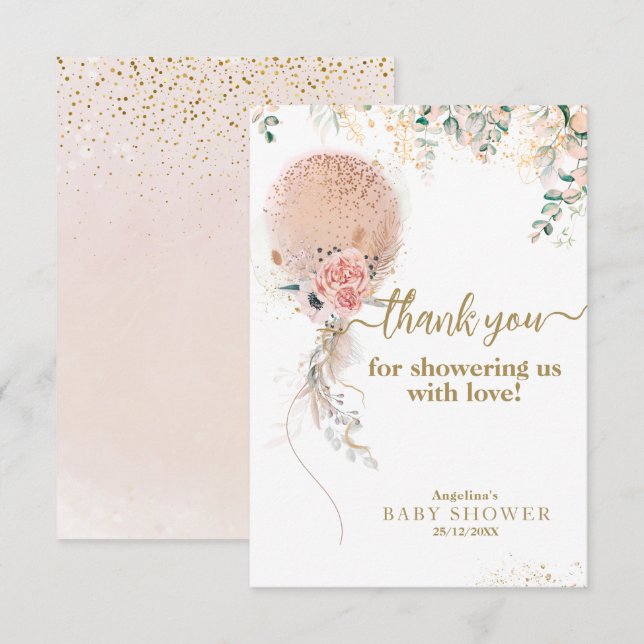 Tarjeta De Agradecimiento Oh Chica Balón Rosa Floral Eucalyptus Baby Shower (Anverso / Reverso)