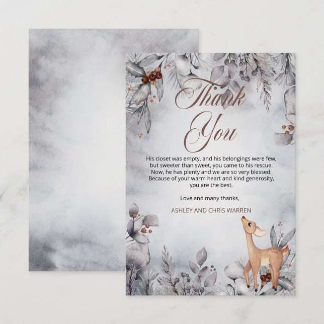 Tarjeta De Agradecimiento Oh Deer Rustic Winter Floral Baby Shower (Anverso / Reverso)