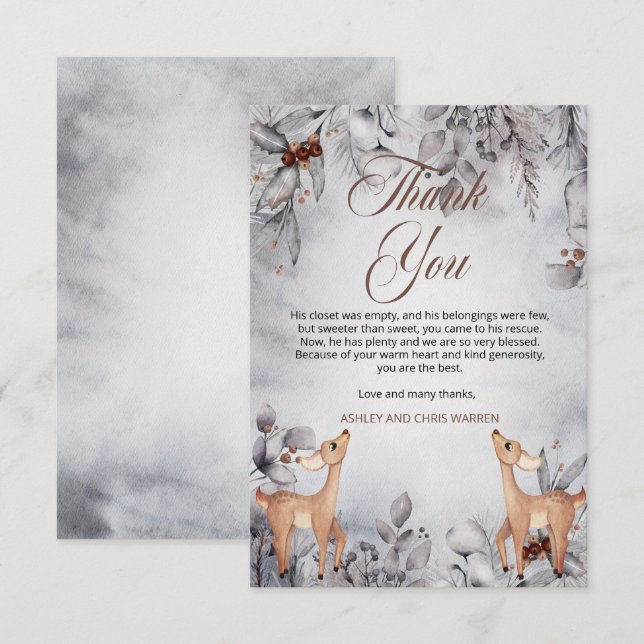 Tarjeta De Agradecimiento Oh Deer Rustic Winter Floral Twins Baby Shower (Anverso / Reverso)