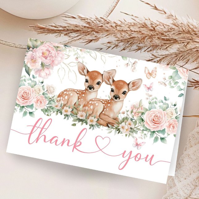 Tarjeta De Agradecimiento Oh Deer Twin Girls Baby Shower Folded Thank You (Subido por el creador)