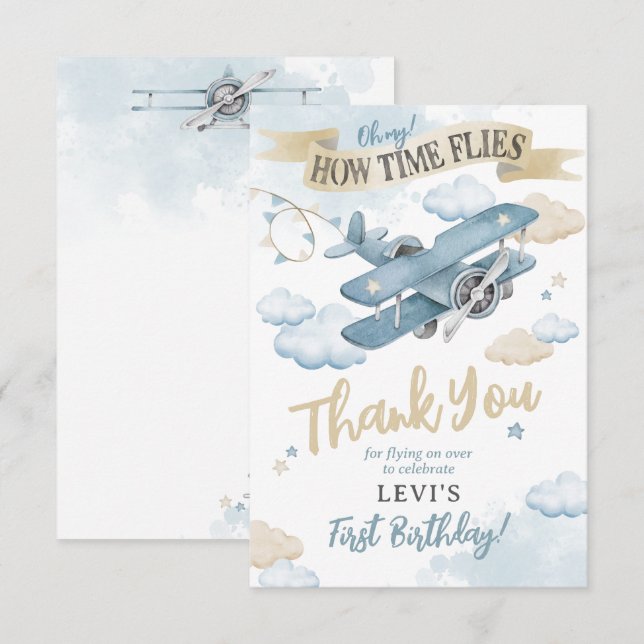 Tarjeta De Agradecimiento Oh How Time Flies Airplane Blue Boy Birthday Party (Anverso / Reverso)