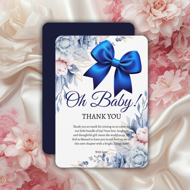 Tarjeta De Agradecimiento ¡Oh, nena! Elegante Baby Shower Floral Blue Bow (Subido por el creador)