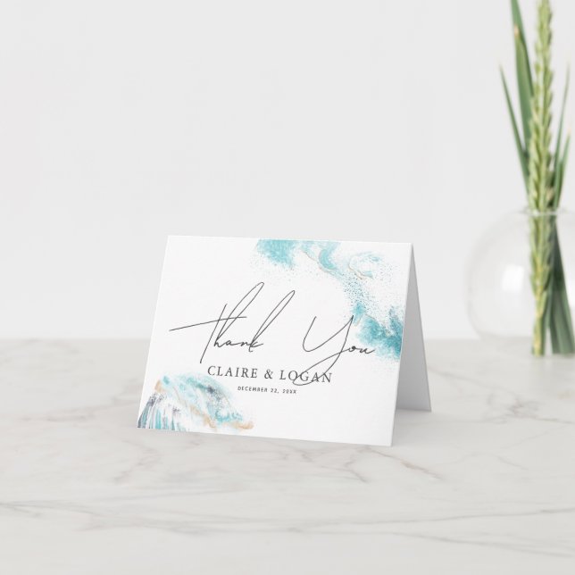 Tarjeta De Agradecimiento Olas Azules Brillantes Boda Costera (Anverso)