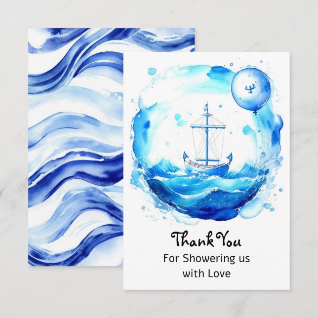 Tarjeta De Agradecimiento Olas de amor: Nautical Boy Baby Shower (Anverso / Reverso)