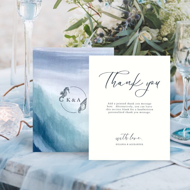 Tarjeta De Agradecimiento Olas oceánicas de mar y Boda de monograma náutico (Subido por el creador)