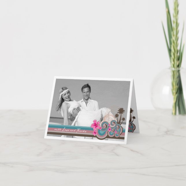 Tarjeta De Agradecimiento Olas Tropicales Y Boda Rosa Hibiscus Gracias (Anverso)