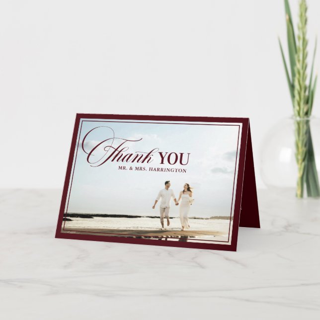 Tarjeta De Agradecimiento Old Money Modern Formal Burgundy Photo Wedding (Anverso)