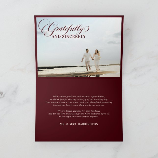 Tarjeta De Agradecimiento Old Money Modern Formal Burgundy Photo Wedding (Interior)