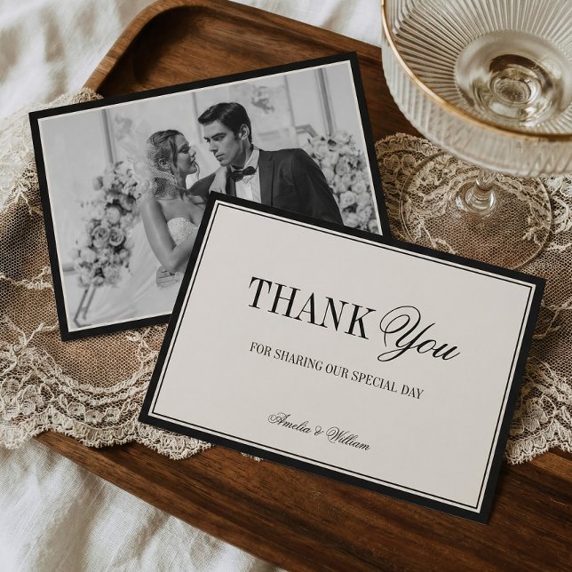 Tarjeta De Agradecimiento Old Money Timeless Black Cream Wedding Photo (Subido por el creador)