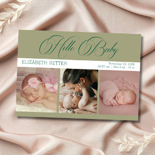 Tarjeta De Agradecimiento Olive Green Hello Baby Tres Fotos Bebé Gracias