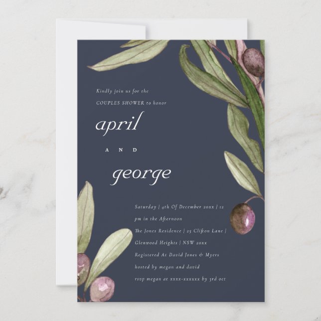 TARJETA DE AGRADECIMIENTO OLIVE NAVY RUSTIC FOLIAGE PAREJAS DUCHA INVITE (Anverso)