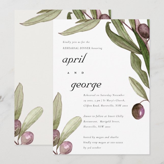 TARJETA DE AGRADECIMIENTO OLIVE WATERCOLOR FOLIAGE REHEARSAL DINNER INVITE (Anverso / Reverso)