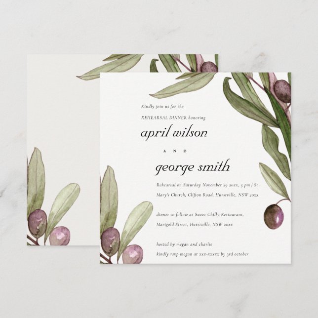 TARJETA DE AGRADECIMIENTO OLIVE WATERCOLOR FOLIAGE REHEARSAL DINNER INVITE (Anverso / Reverso)
