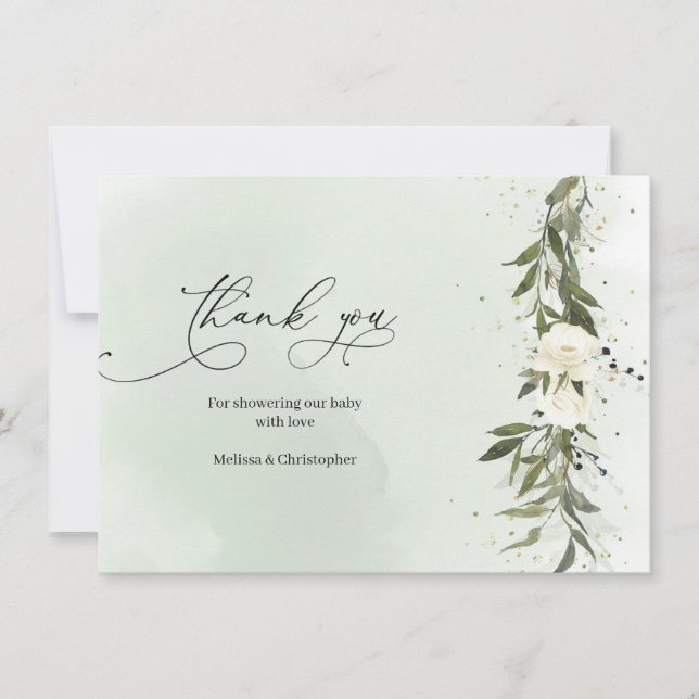 Tarjeta De Agradecimiento Olive Wreath White Roses Boho Baby Shower (Anverso)