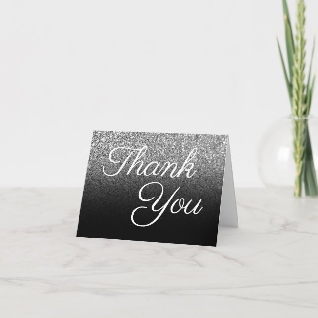 Tarjeta De Agradecimiento Ombre negro con brillo plateado (Anverso)
