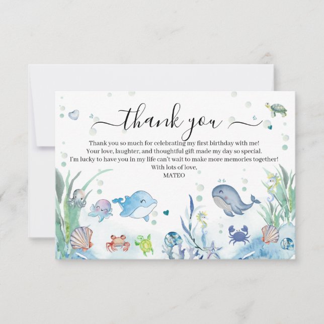 Tarjeta De Agradecimiento One-Der the Sea First Birthday Ocean Animals (Anverso)