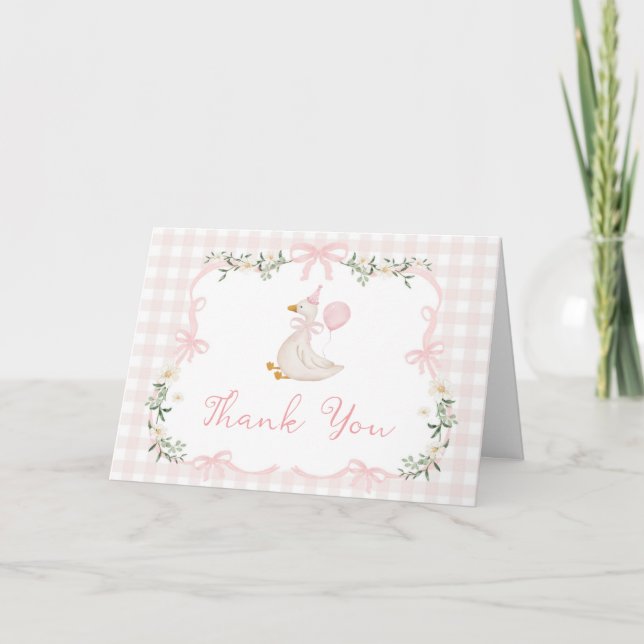 Tarjeta De Agradecimiento One Silly Goose Coquette Pink Gingham 1st Birthday (Anverso)