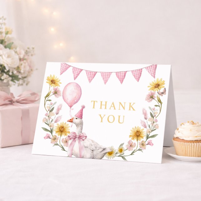 Tarjeta De Agradecimiento One Silly Goose Pink Bow 1st Birthday Thank You Ca (Silly Goose Thank You Card)