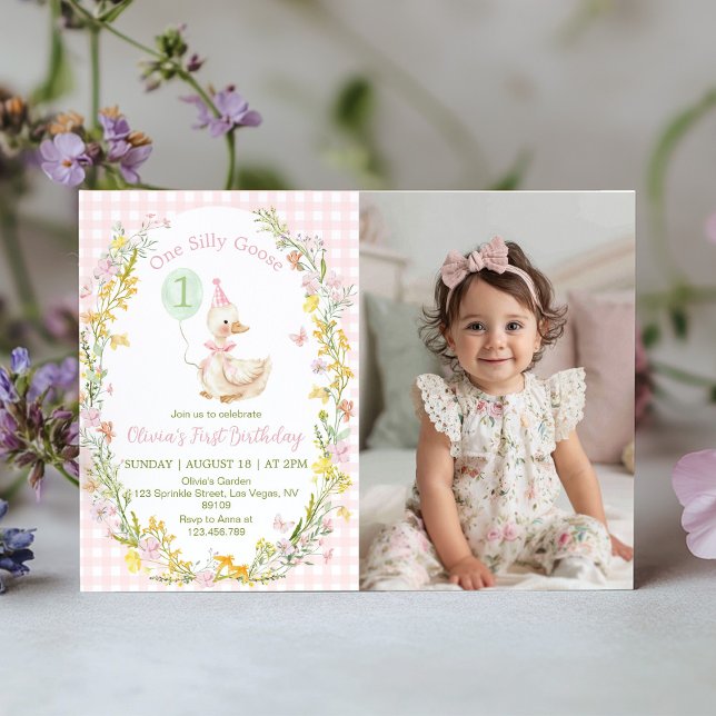 Tarjeta De Agradecimiento One Silly Goose Pink Floral Birthday Photo Invite (Subido por el creador)