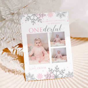 Tarjeta De Agradecimiento ONEderland de Invierno Gracias copos de nieve rosa