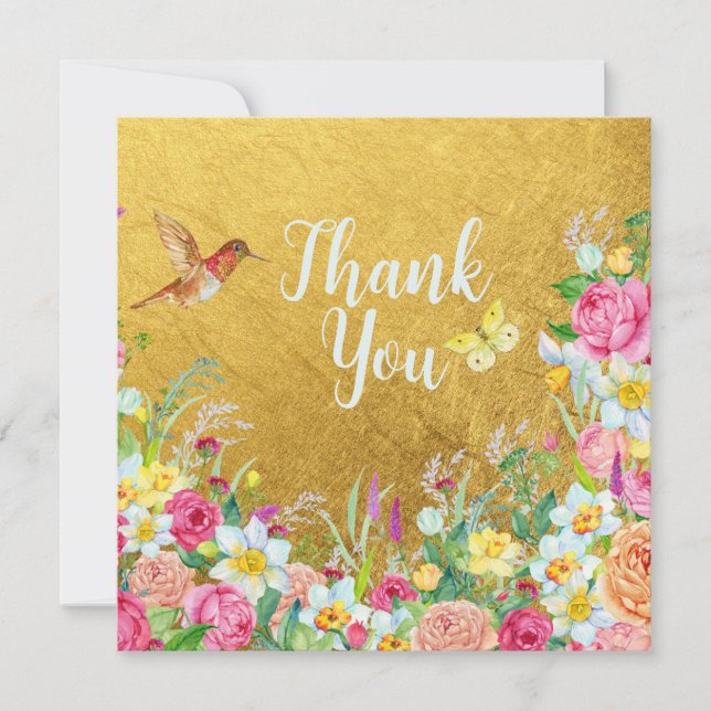 Tarjeta De Agradecimiento Opulence Gold Floral Hummingbird (Anverso)