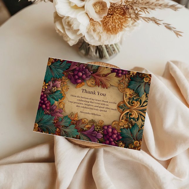 Tarjeta De Agradecimiento Opulent Grape Leaf Mardi Gras Masquerade (Subido por el creador)