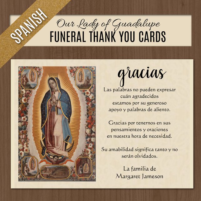 Tarjeta De Agradecimiento Oraciones Fúnebres con Nuestra Señora de Guadalupe (Spanish Catholic Funeral Thank You Cards - Our Lady of Guadalupe)