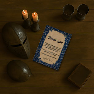 Tarjeta de agradecimiento ornamental azul medieval
