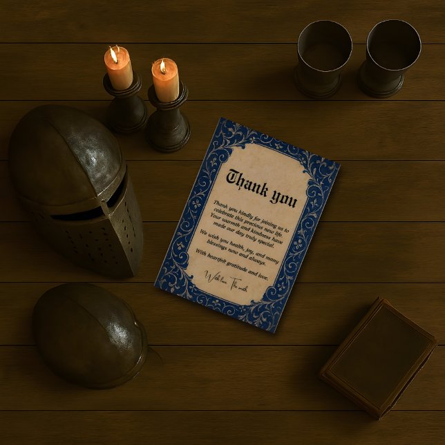 Tarjeta de agradecimiento ornamental azul medieval (Subido por el creador)