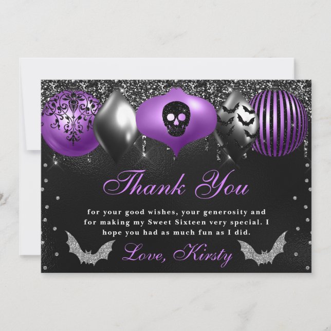 Tarjeta De Agradecimiento Ornamentos de Halloween Negro y Morado Dulce Dieci (Anverso)