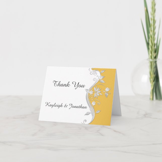 Tarjeta De Agradecimiento Ornate Golden Yellow Silver White Floral Gracias (Anverso)