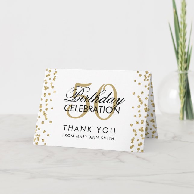 Tarjeta De Agradecimiento Oro 50 cumpleaños Gracias Purpurina Confetti (Anverso)