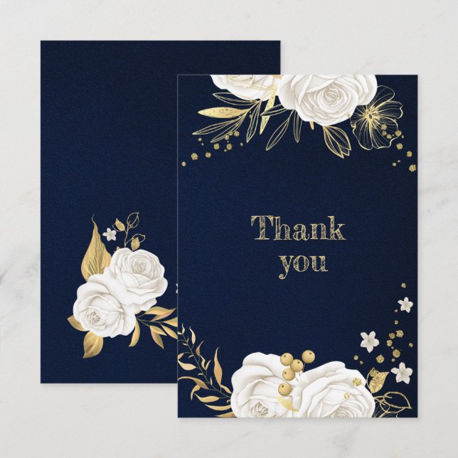 Tarjeta De Agradecimiento oro blanco floral azul marino (Anverso / Reverso)