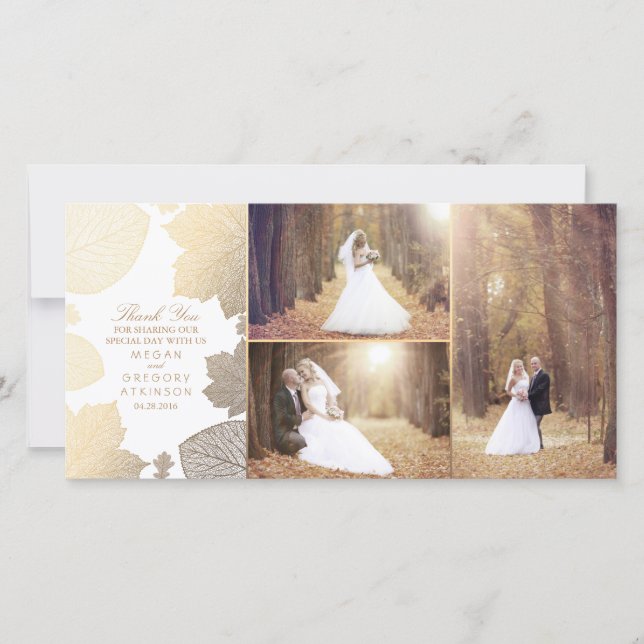 Tarjeta De Agradecimiento Oro Cae deja a Boda blanco. (Anverso)