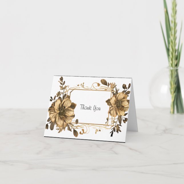 Tarjeta De Agradecimiento Oro floral con marco (Anverso)