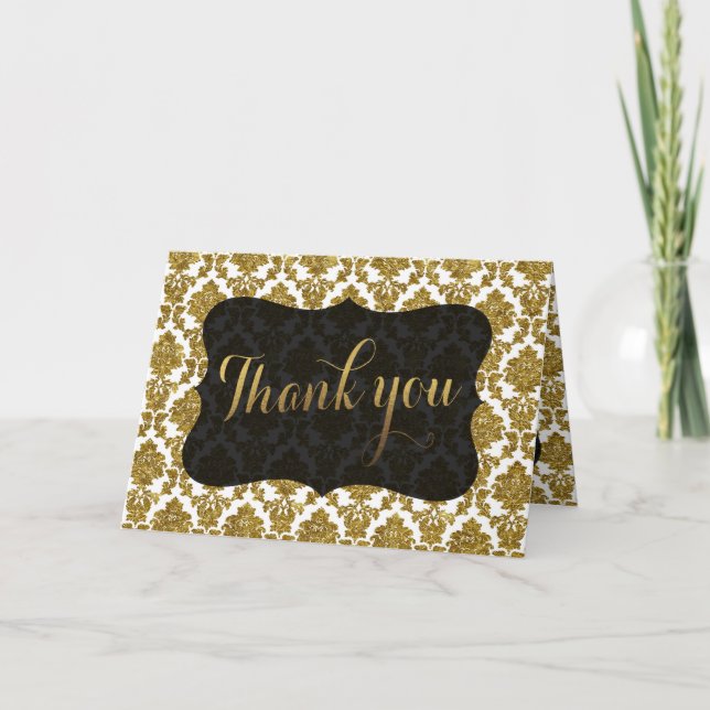 Tarjeta De Agradecimiento Oro Glamuroso Damask Papel de Oro Bodas GRACIAS (Anverso)
