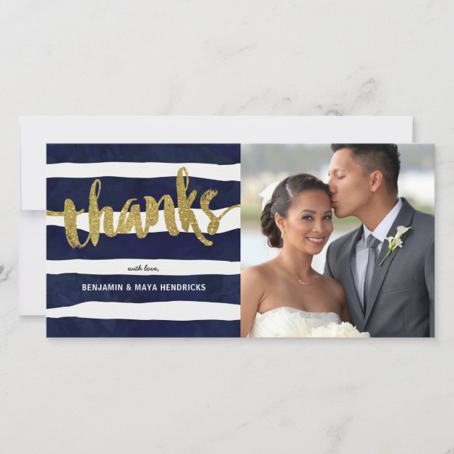 Tarjeta De Agradecimiento Oro Gracias Boda a rayas. Gracias. (Anverso)