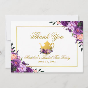 Tarjeta De Agradecimiento Oro morado floral gracias Fiesta de té de novia P