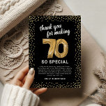 Tarjeta De Agradecimiento Oro Negro 70 cumpleaños de adultos<br><div class="desc">Elegante fiesta de cumpleaños 70 gracias a las tarjetas que presentan un elegante fondo negro que se puede cambiar a cualquier color,  purpurina brillante de oro,  70 globos de hellio de oro,  y una plantilla moderna de agradecimiento que es fácil de personalizar.</div>