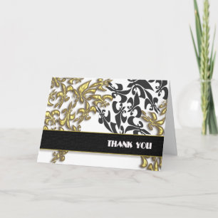 Tarjeta De Agradecimiento Oro Negro Blanco Fleur de Lis Damask Gracias