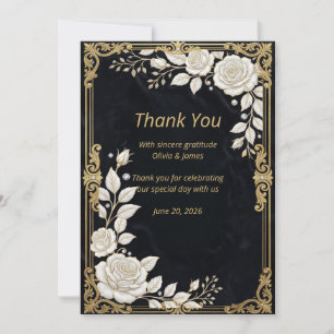 Tarjeta De Agradecimiento Oro Negro Rosa Blanca Lujo Elegante Formal