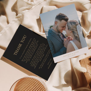 Tarjeta De Agradecimiento Oro negro simple con Boda fotográfico