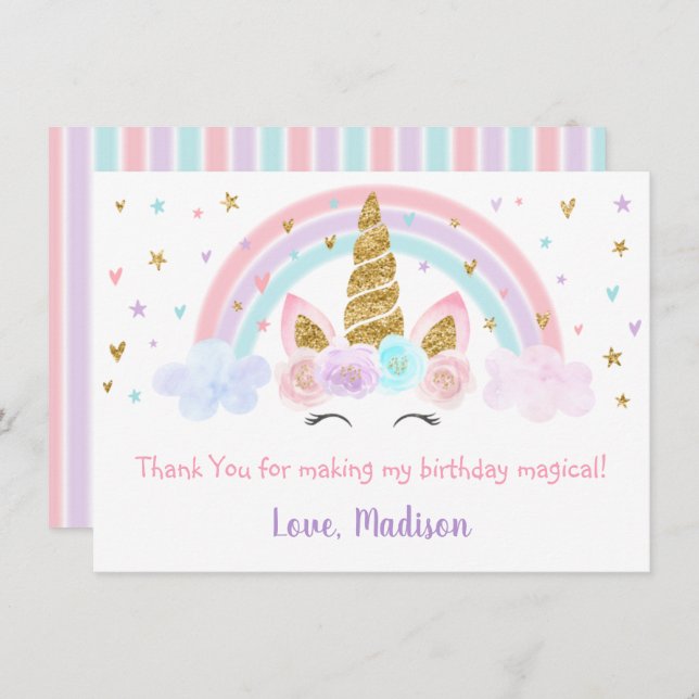 Tarjeta De Agradecimiento Oro rosa arcoiris de Unicorn Gracias (Anverso / Reverso)