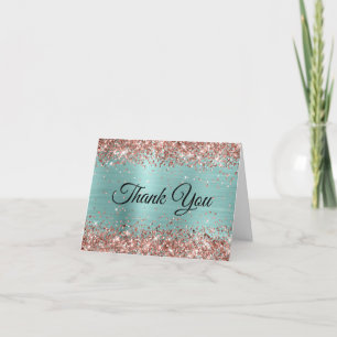 Tarjeta De Agradecimiento Oro Rosa Brillo Turquesa Pálido Hoja