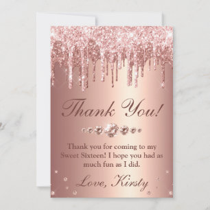 Tarjeta De Agradecimiento Oro Rosa Goteando Brillo y Diamantes Dulces 16