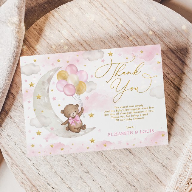 Tarjeta De Agradecimiento Oro rosado Teddy Bear Moon Balloons Nubes Estrella (Subido por el creador)